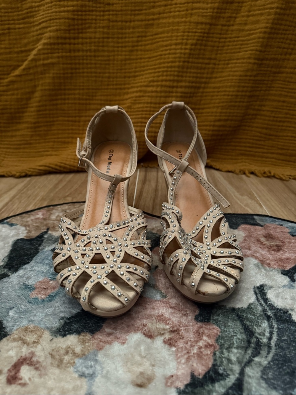 Women’s Beige T-Strap Studded Sandals